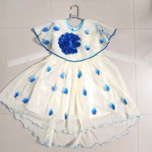 Off white and sky blue knee length frock for girls