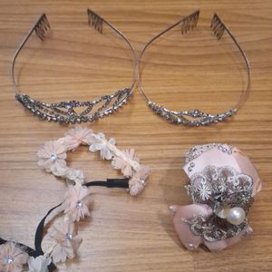 4 Pcs Tiara Set- 2 Crown, 1 Headband, Wrist Corsag