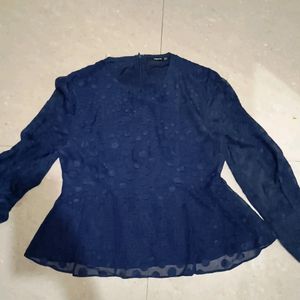 Madame Printed Blue Top With Round Neck