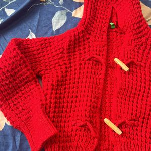 New Red Hoodie Sweater Cardigan With Wooden Button For Girls