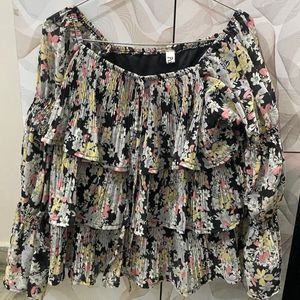 Black Floral Frilled Top