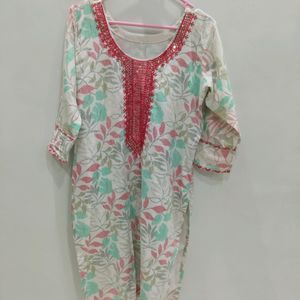 White And Pink Kurti Pant Set