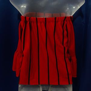 Red & Black Off-Shoulder Crop Top With Bell Sleeve