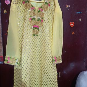 Sequin Yellow Pallazo Semi Stitched Suit