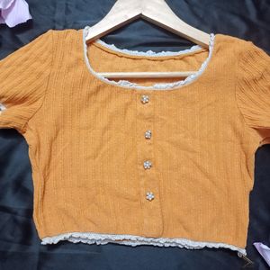 Musturd Ribbed Crop Top with Button Details