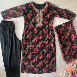 Floral Black Suit with Embroidered Neckline