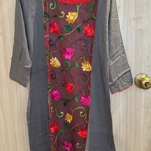 Grey Rayon Embroidered Kurti