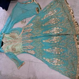 Turquoise Anarkali With lehenga gota Patti