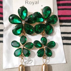 Long Green Stone Earrings With Nail polish