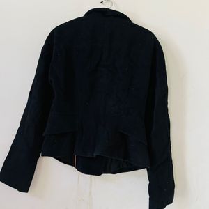 Royal Black Woolen Blazer With Front Design.