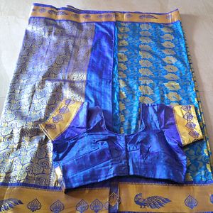 Banarasi Silk Blend Saree(Blue And Gold)