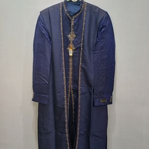 Long Jacket Sherwani With Work (Blue Jamewar)