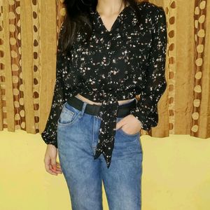 Black Floral Print Crop Top