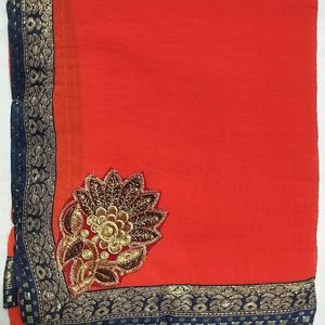 Rust Red Plain Saree With Blouse