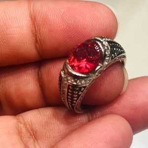 Red Stone Oxidised Silver Ring