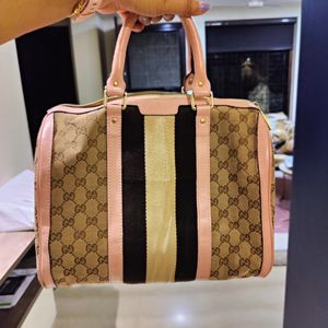 Auth Gucci Beige Canvas And Leather Web Boston Bag