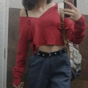 Red Woolen Distressed Crop Top