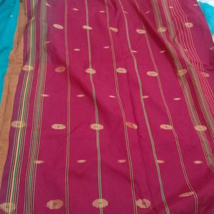 Cotton Blend Green With Maroon Silk Saree