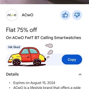 ACwO BT Smart Watch 75% Off Voucher