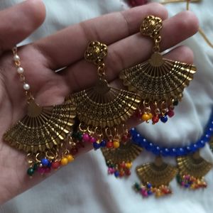 Blue Colour Necklace Set With Tikka And Earrings