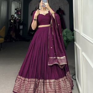 Pure Chanderi Lehenga- Burgundy