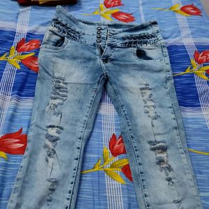 Blue High Waist Rugged Jeans