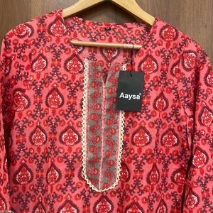 Red Floral Cotton Kurta For Women