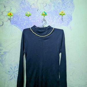 Navy Blue top With Attached Pearl Necklace