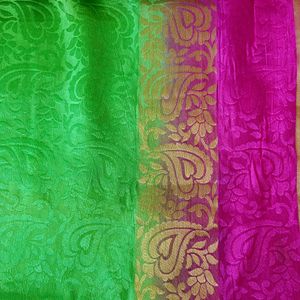 Parrot Green & Magenta Pink Saree & Blouse piece