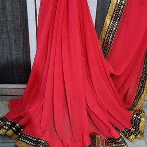 Red And Gold Toned Sequence Embroidered Saree