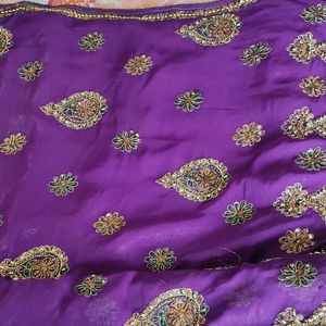 Heavy Purple Saree With Antique Golden Embroidery