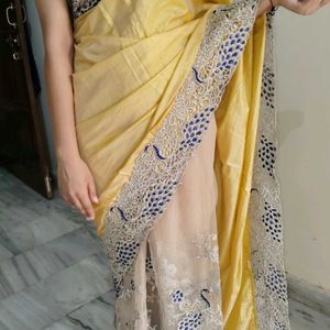 "Exquisite Net Silk Saree with Peacock Lace Design