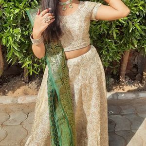 Cream Colour Lehenga Choli With Green Dupatta