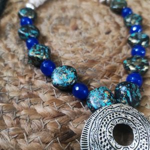 Blue Onyx Stone Necklace With Oxidized Pendant