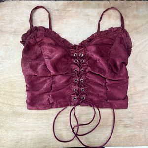 Shien Lace Up Front Shirred Cami Top