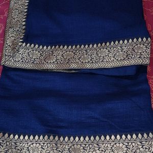 Very Beautiful Siney Blue Saree With Golden Patta