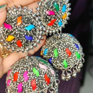 Silver Jhumka With Multi Colour Stone