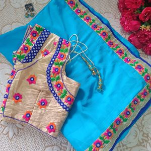 Blue Saree With Colorful Embroidery Blouse