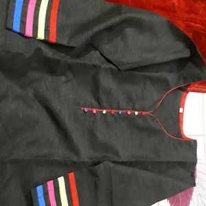 Black A-line kurta With Multicolour Border.