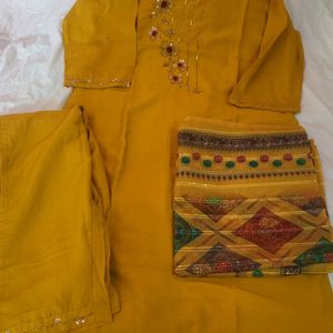 Yellow Suit With Organza Dupatta