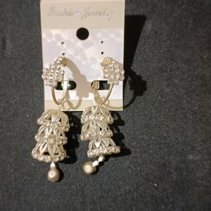 White Stone Step Jhumkis With Loop