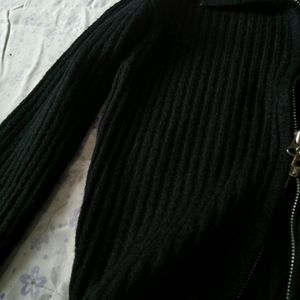 Black Rib-Knit Double Zipper Cardigan