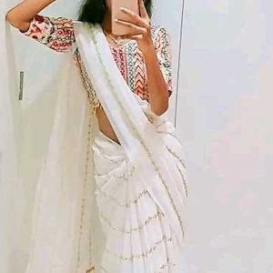 Party Wear White Colour Saree With Blouse Piece