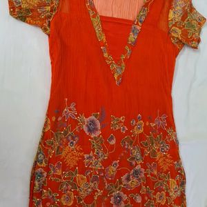 Red Floral Chiffon kurta with sequins & embroidery