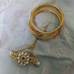 Combo Of Two Golden Bangles, One Bracelet And Kada