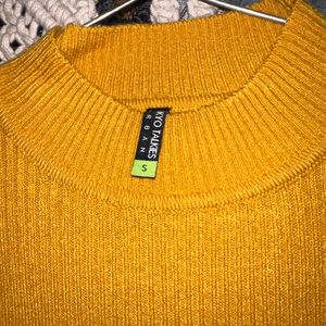 Women Striped High Neck YellowSweater