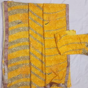 Yellow With Grey Strip Saree