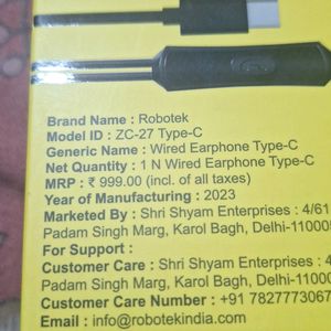 Robotek Type C Earphone Unused And New