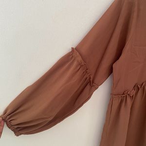 Women Nude A Line Dress With Puff Sleeve