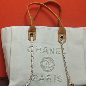 chanel deauville white tote bag with pearls